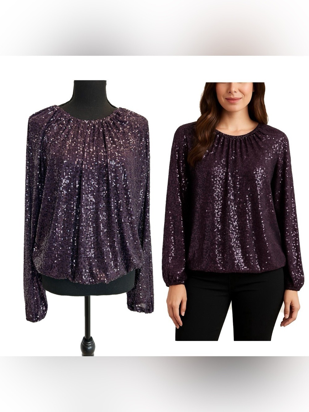 Suzy Shier plum purple Sequin Long Sleeve Peasant Blouse Sz L NWOT sparkly
